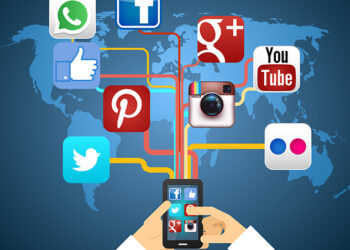Social networks in smartphone on map vector illustration