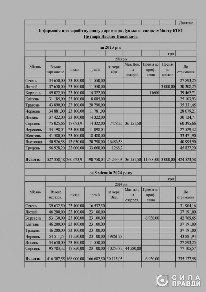 Заробіток Василя Цетнара за 2023 і 8 місяців 2024 років