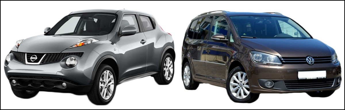 Так виглядають авто «Nissan Juke» та «Volkswagen Touran» 2012 року випуску. Ілюстраційні зображення із cars.usnews.com, infocar.ua