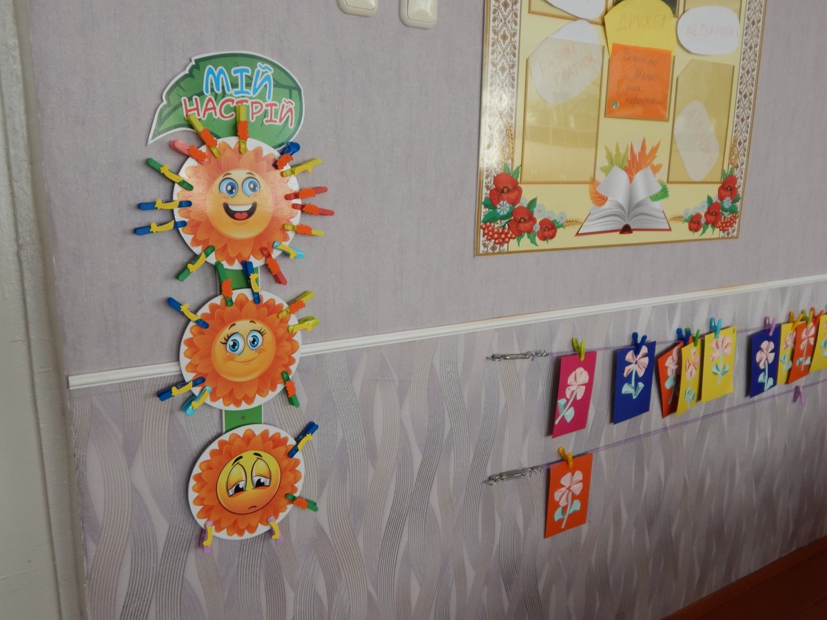 У зоні настрою першокласники інформують вчителя про свій настрій за допомогою кольорових скрепок.