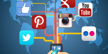 Social networks in smartphone on map vector illustration