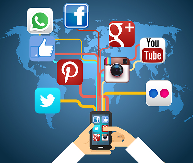 Social networks in smartphone on map vector illustration